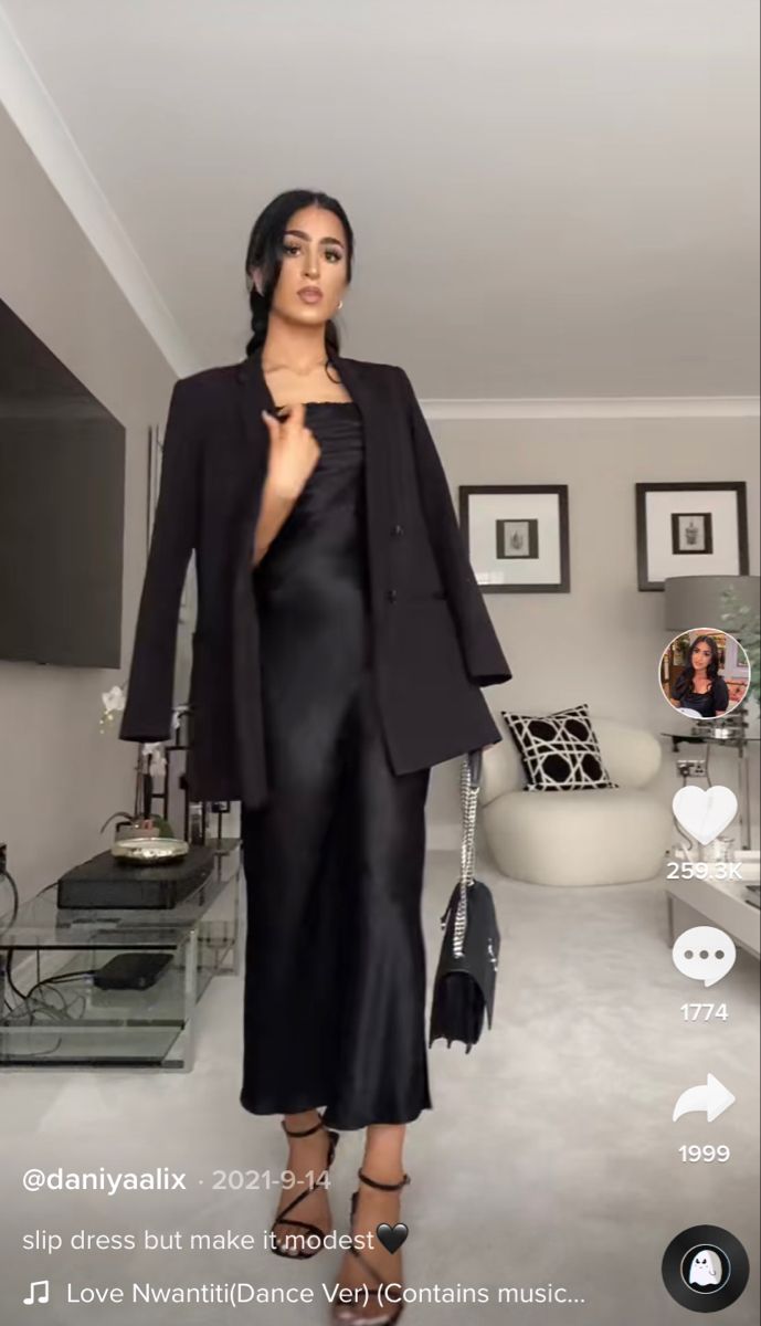 Dress With Coat Outfit Formal, Black Satin Dress With Blazer, Satin Dress And Blazer Outfit, How To Style A Blazer Dress, Blazer Over Black Dress, Blazer With Long Dress, Blazer On Dress, Long Skirt And Blazer Outfit, Long Dress With Blazer Outfit