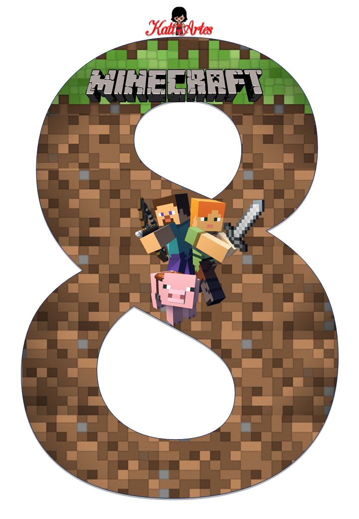 the number 8 is made up of blocks and paper with an image of minecraft characters on it