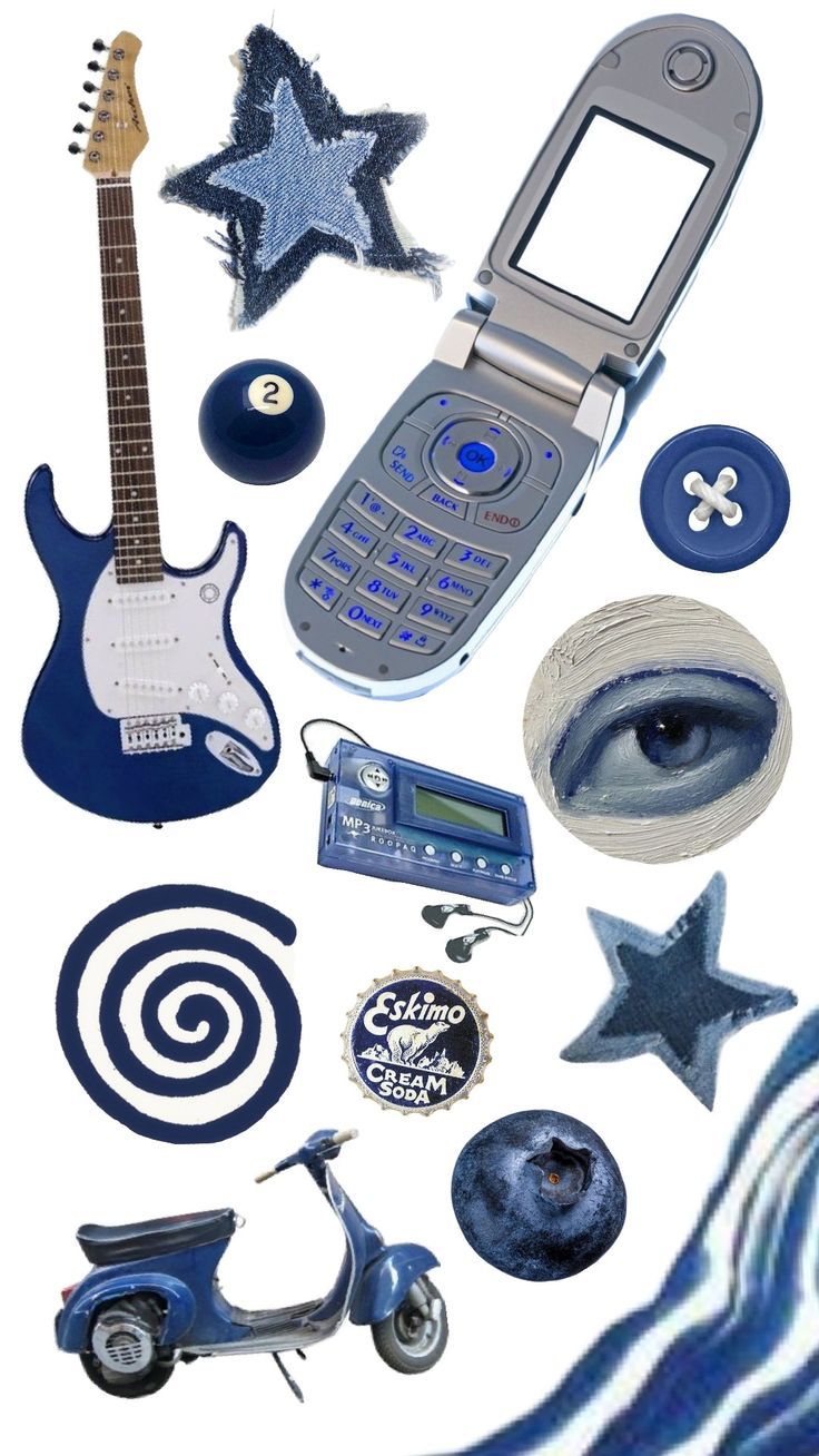 a cell phone surrounded by assorted items such as a guitar, sunglasses, and starfish