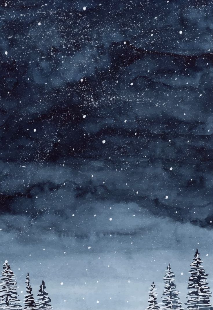 the night sky is filled with stars and snow as trees stand in the foreground