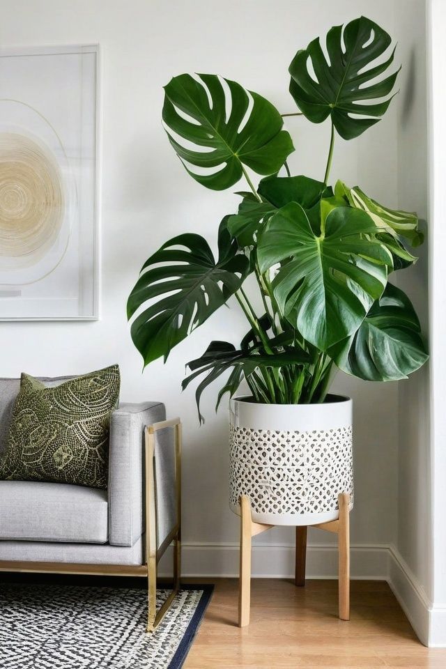 a large green plant in a white pot on a stand next to a gray couch