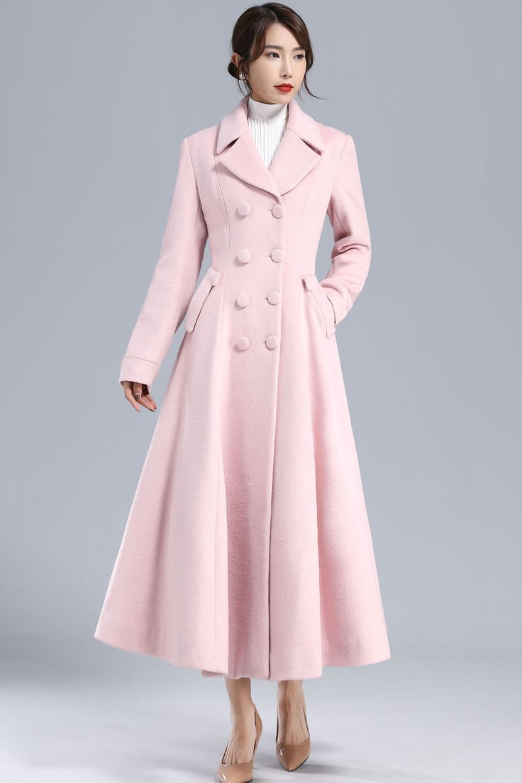 Women's Winter Double Breasted Wool Coat in Pink 3240 Formal Winter Coats For Women, Pink Dress Coat, Woman Winter Coat, Elegant Sweater Coat With Button Closure For Winter, Colorful Coats For Women, Pink Pea Coat Outfit, Elegant Long Sweater Coat With Buttons, Spring Wool Coat With Double Button Closure, Formal Wool Coat For Winter