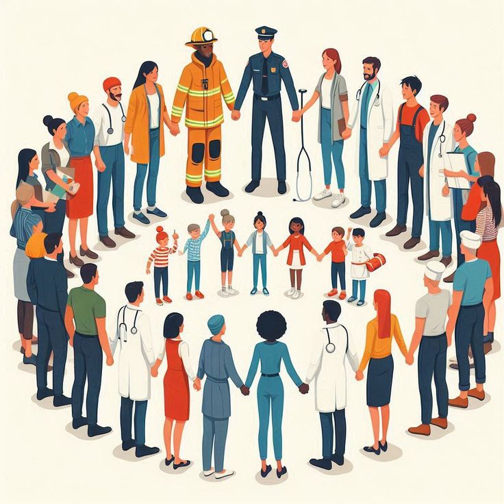 people standing in a circle holding hands and wearing fireman's gear on their heads