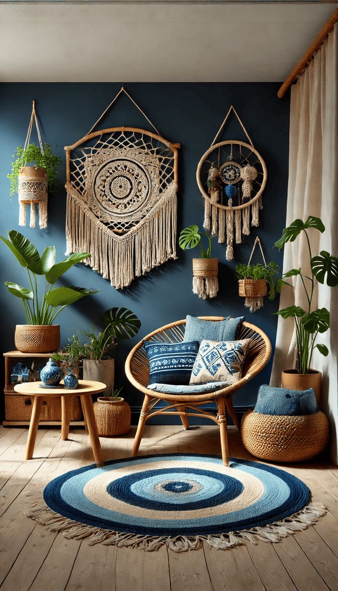 a living room with blue walls and rugs, potted plants and wicker furniture