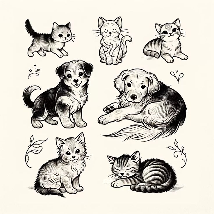 an image of cats and dogs in black and white