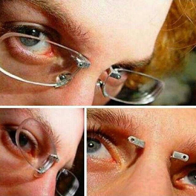 three pictures of the same person's eye with piercings on their forehead and nose