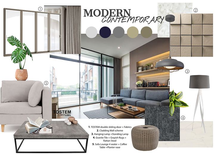 an interior design board with furniture and decor in greys, beiges, and browns