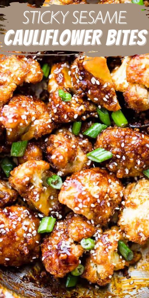 sticky sesame cauliflower bites in a skillet