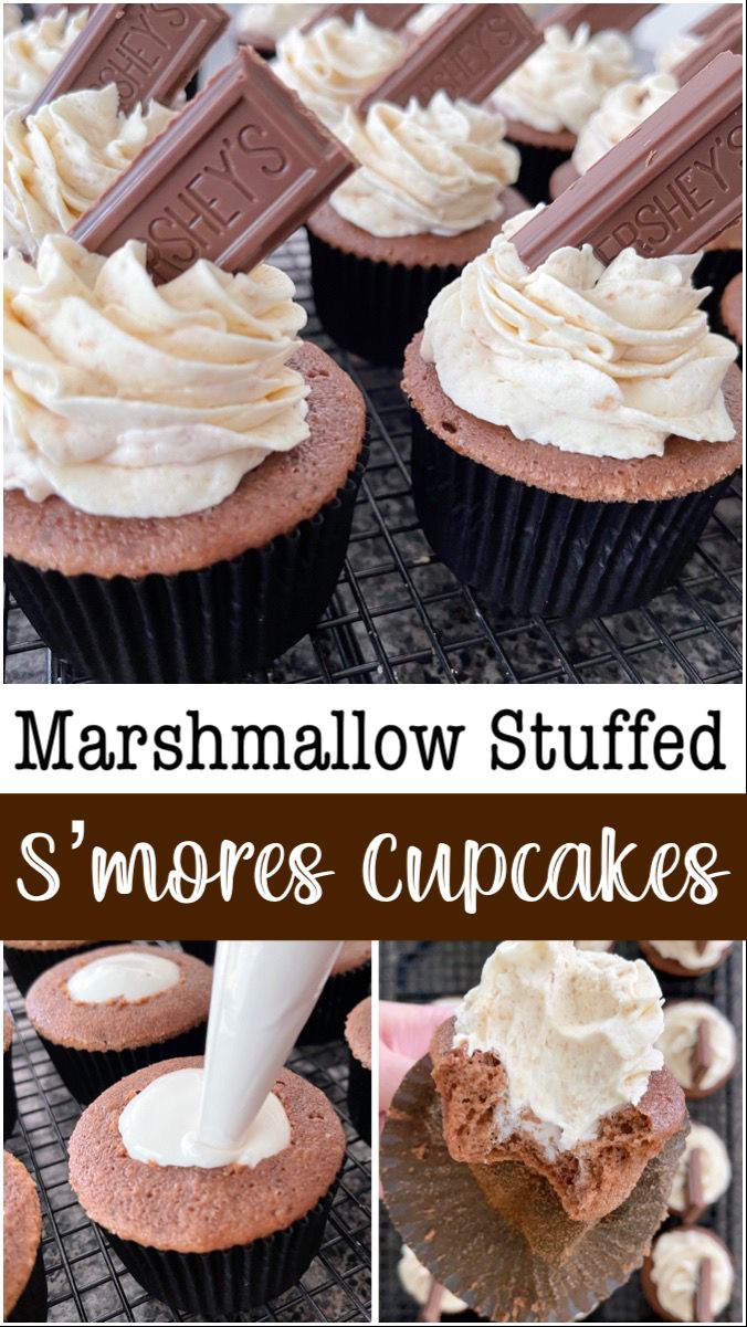 some cupcakes with marshmallow frosting on top are shown in this collage