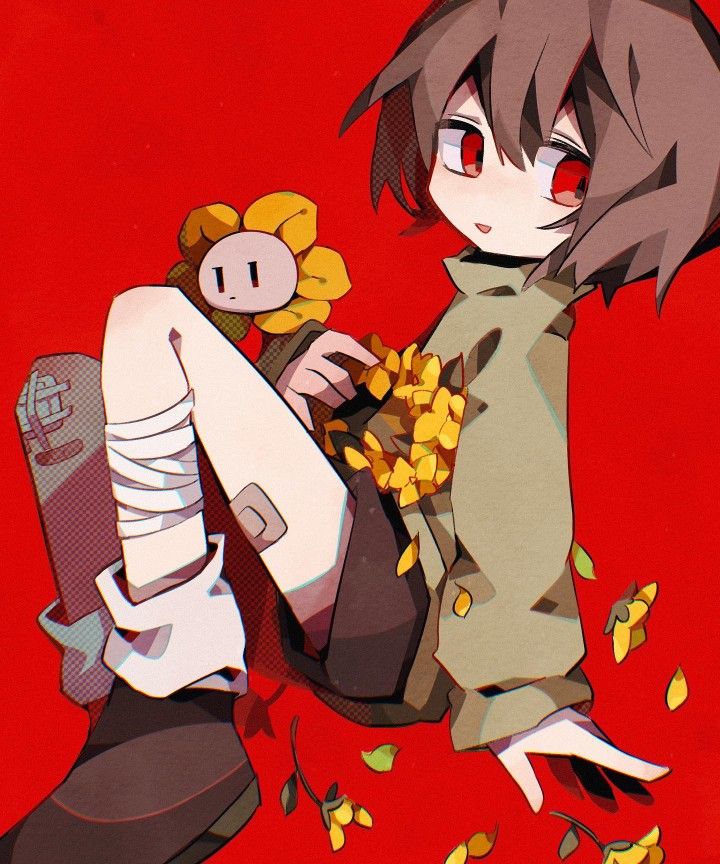 an anime character holding a stuffed animal in her hand and falling leaves on the ground