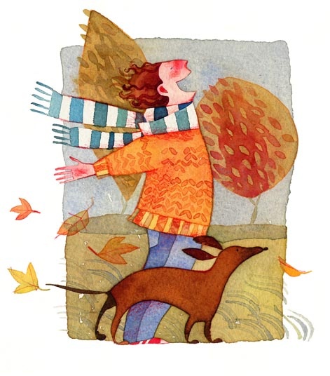 a painting of a boy and his dog playing in the fall leaves with an umbrella