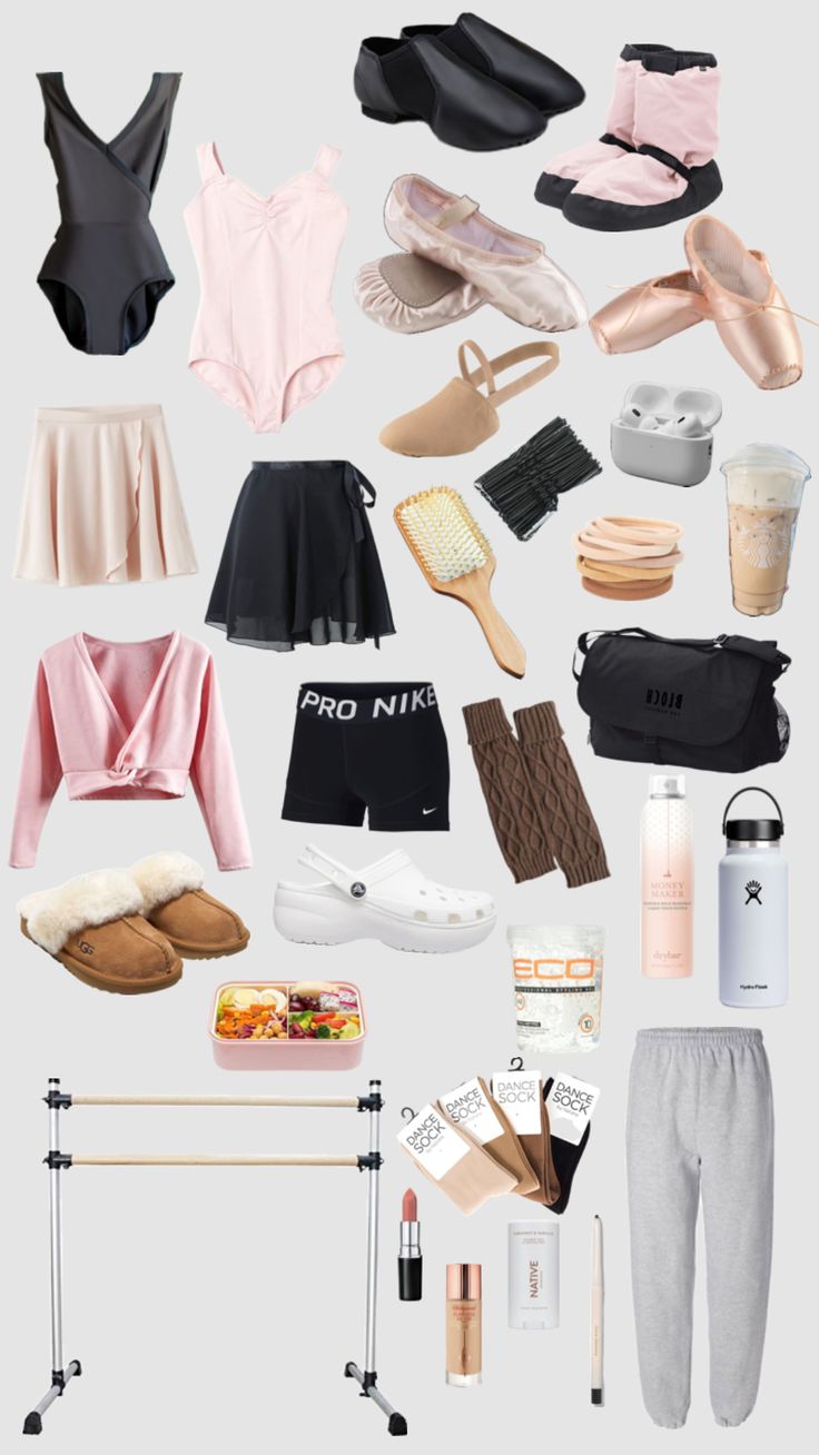 various types of clothing and accessories are arranged on a white background, including ballet shoes