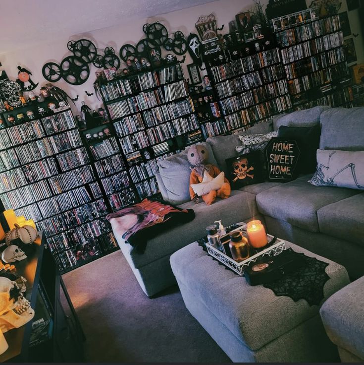 a living room filled with furniture and lots of books on the wall behind it is a large bookcase full of movies