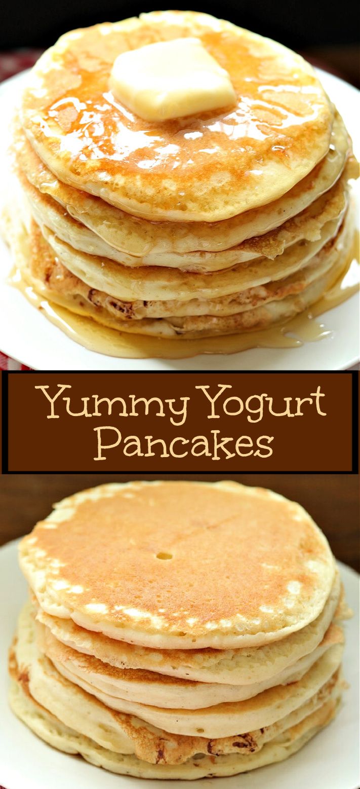 stack of pancakes with butter on top and the words yummy yogurt pancakes below