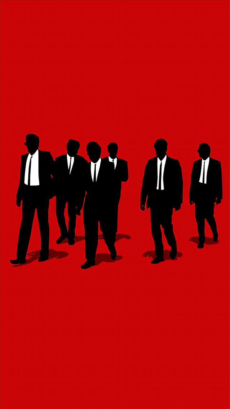 the silhouettes of men in suits against a red background