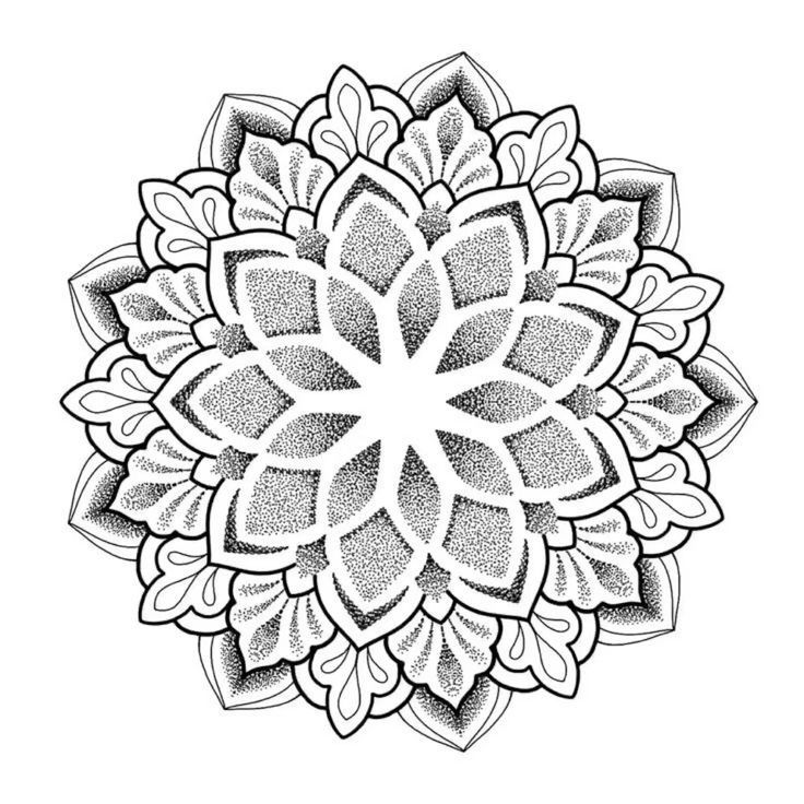 a black and white drawing of a flower with leaves in the center, on a white background