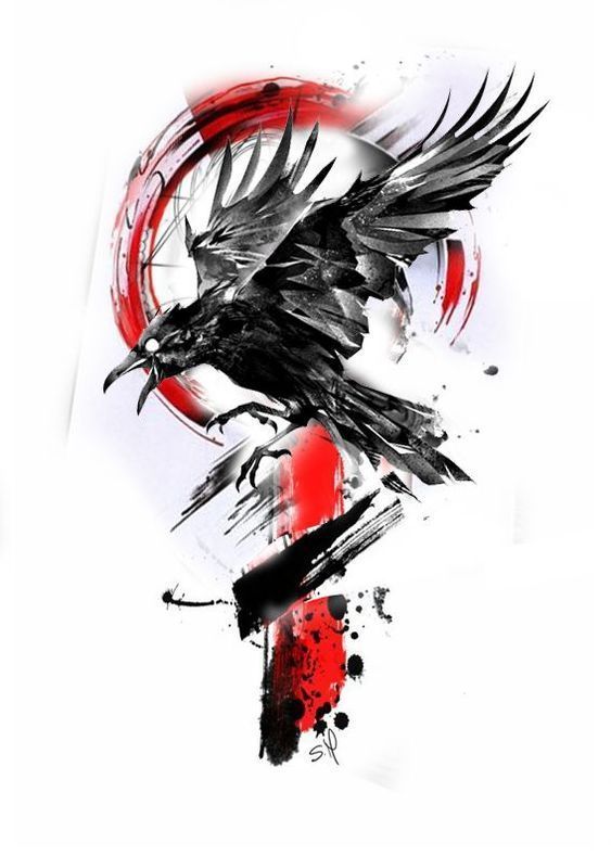 a black bird sitting on top of a red and white circle with an arrow in it's beak