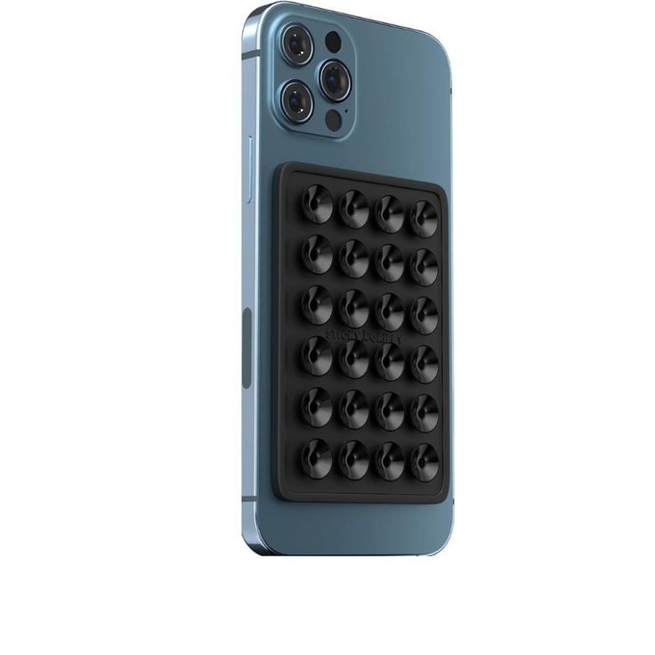 an iphone case with black buttons on the front and back sides, in blue color