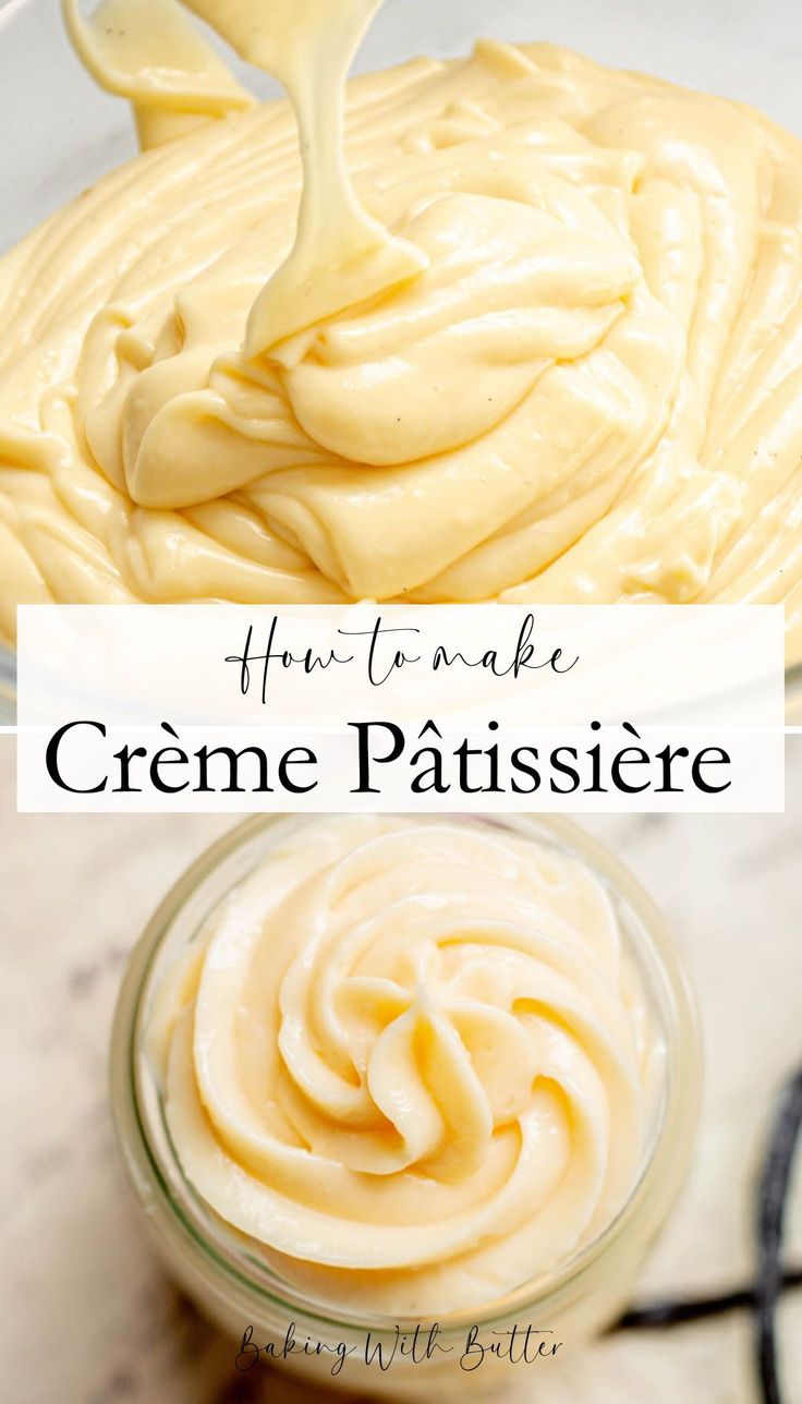 two images with the words how to make creme patissee