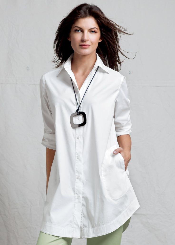 need this big white tunic -length shirt with a shaped hem in my closet for summer.... White Tunic Shirt, Casual White Shirt, Perfect White Shirt, Sew Easy, White Tunic, White Shirt Dress, Tunic Shirt, White Shirts, Womens Tunics