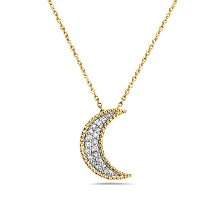 14K Yellow Gold And Diamond Moon Necklace Birmingham Jewelry Necklace Birmingham Jewelry Luxury Moon Shaped Necklace, Celestial Crescent Necklace With Diamond Accents, Diamond Half Moon Phase Necklace, Moon Shaped Diamond Necklace With Single Cut Diamonds, Diamond Necklace With Moon Charm For Anniversary, Fine Yellow Gold Moon Phase Necklace, Moon Phase Diamond Necklace Fine Jewelry, Fine Jewelry Diamond Moon Phase Necklaces, Fine Jewelry Diamond Moon Phase Necklace