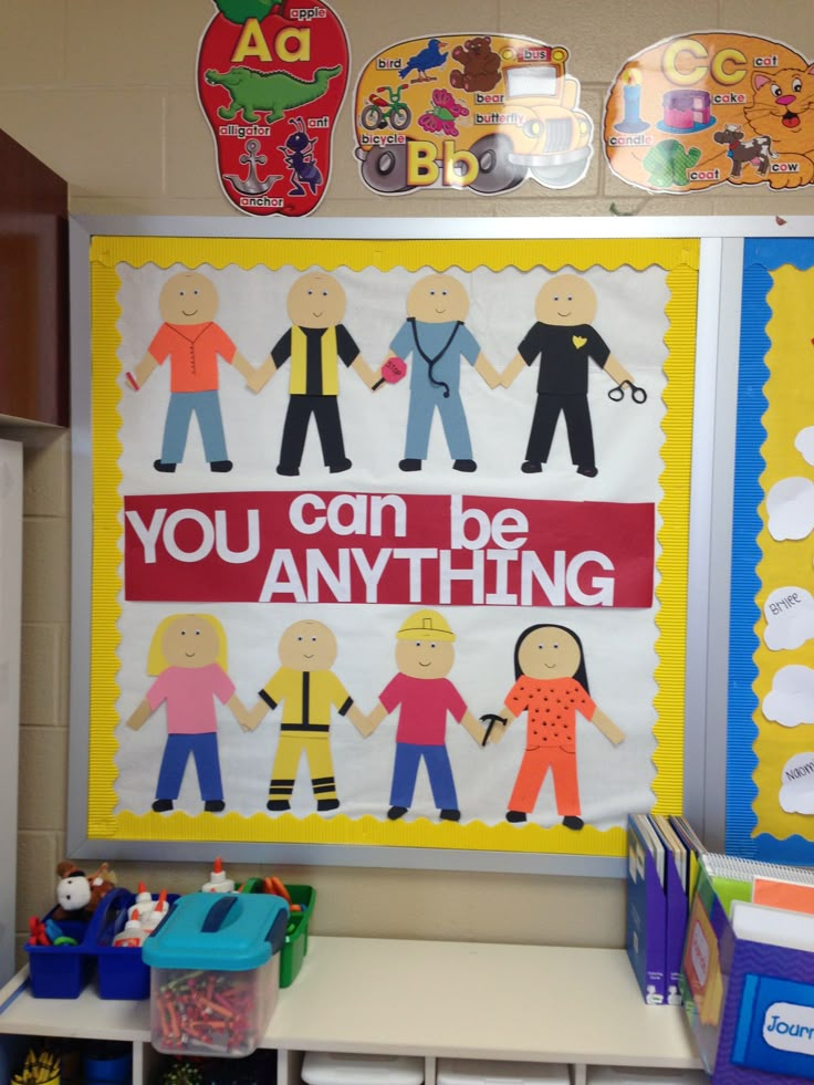 a bulletin board that says you can be anything with children's pictures on it