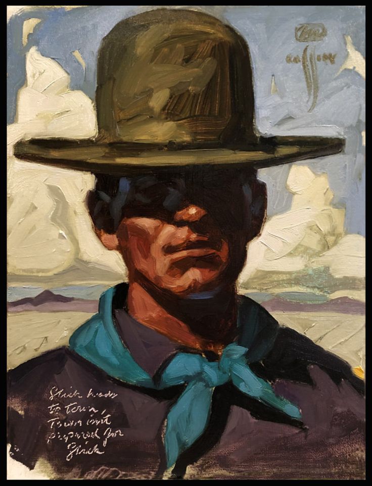 an oil painting of a man wearing a hat and blue shirt with words written on it