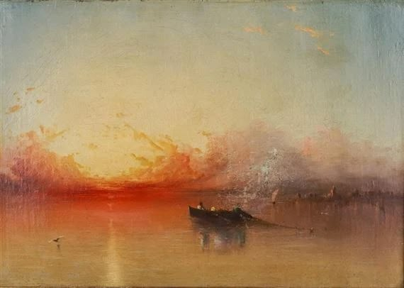 a painting of a boat in the water at sunset