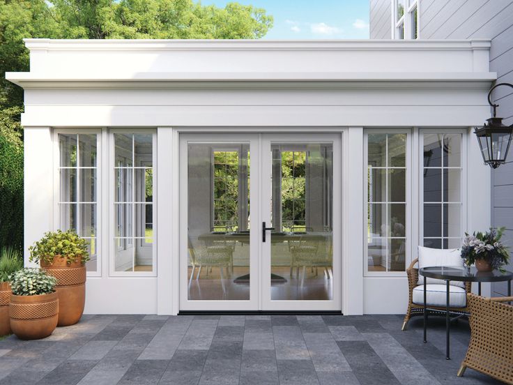 Elevate your indoor-outdoor spaces with an F-4500 2-panel hinged fiberglass patio door from JELD-WEN. Designed with less frame and more glass, these patio doors make your view the focal point of any space. External keyed access and contemporary lock set merge aesthetics and function for added security. This patio door system offers a beautiful, contemporary solution to enhance any living environment while improving natural light throughout your property. JELD-WEN F-4500 72-in x 80-in x 4-9/16-in Glass French Doors Patio, Glass Patio Doors Ideas, Backyard Double Doors, Oversized French Doors, Sliding Glass Door With Windows On Side, Double Doors Exterior Patio, External Patio Doors, White Exterior French Doors, French Doors Backyard