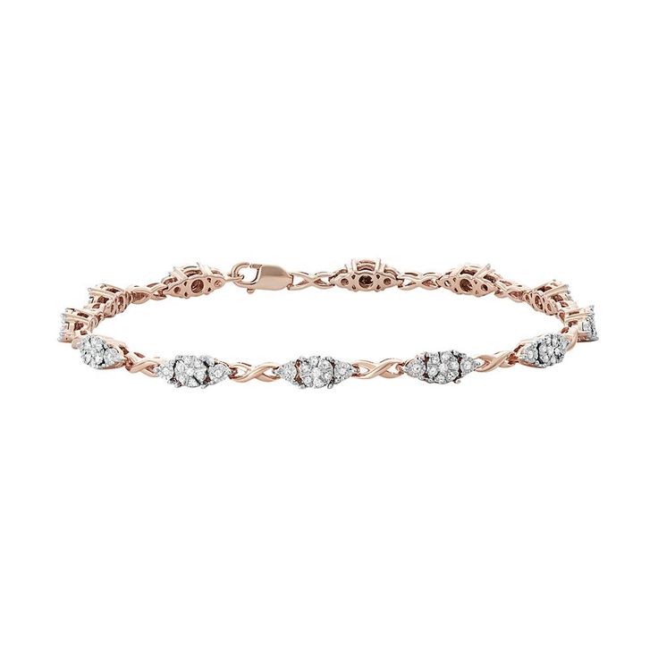 Featuring clusters of diamonds and infinity-shaped links, this 14k rose gold over sterling silver bracelet offers never-ending beauty. Click on this JEWELRY & WATCHES GUIDE to learn about fit, styles, materials and more!BRACELET DETAILS Length: 7 in. Clasp: lobster-claw Metal: sterling silver Plating: 14k rose gold, rhodium DIAMOND DETAILS Total weight: 1/2 ct. Shape: single cut Color grade: H-I Clarity: I1-I2 Setting: miracle, prong Gemstones may have been treated to enhance their appearance. S Silver Diamond Jewelry, Rose Gold Bangle, Infinity Jewelry, Jewelry Clasps, White Jewelry, Diamond Bangle, Rose Gold Diamonds, Sterling Silver Bracelet, 2 Carat