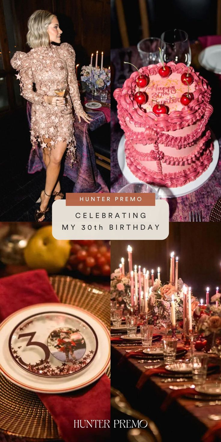 a woman standing in front of a cake with candles on it and an advertisement for her 30th birthday