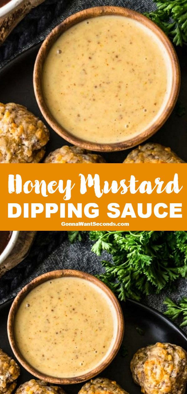 honey mustard dipping sauce in two bowls next to meatballs