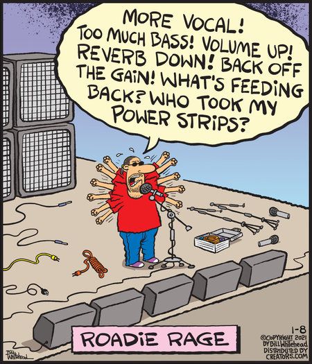 a cartoon with an image of a person singing into a microphone and the caption reads,'more vocal too much bass volumee up the gain down back off the gain what's feeding power