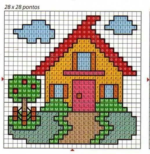 a cross stitch pattern with a house on it