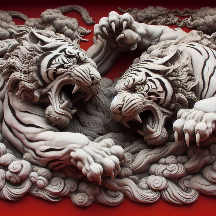 two white tiger statues laying on top of each other in front of a red wall