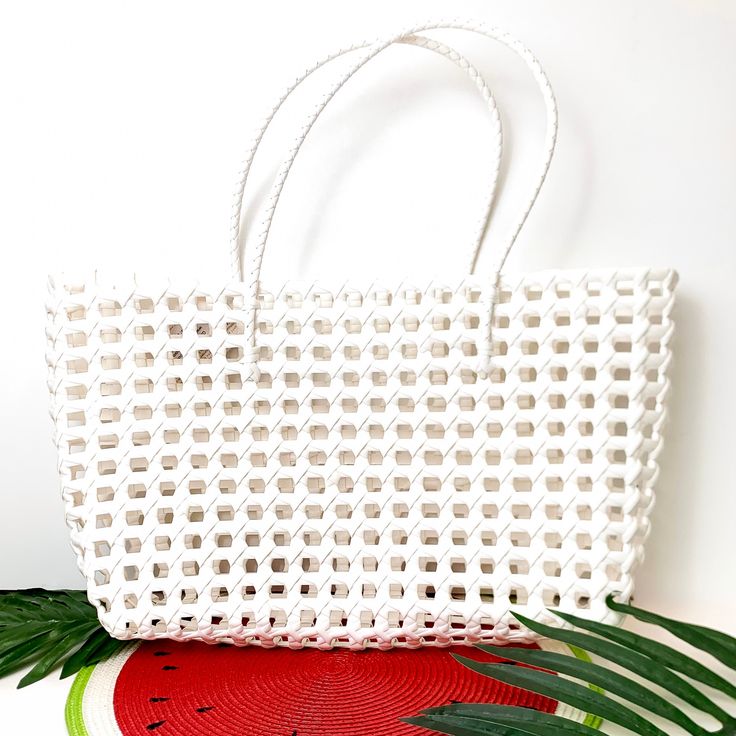 Beachy Brights Basket Tote Bag in White - Giddy Up Glamour Boutique Rectangular White Crochet Bag For Vacation, White Straw Crochet Bag For Travel, White Square Crochet Bag For Vacation, Summer Lightweight Bucket Beach Bag, Lightweight Rectangular Beach Bag, White Square Vacation Bag, White Rectangular Crochet Bag For Beach, White Square Crochet Bag For Beach, White Crochet Straw Bag For Summer