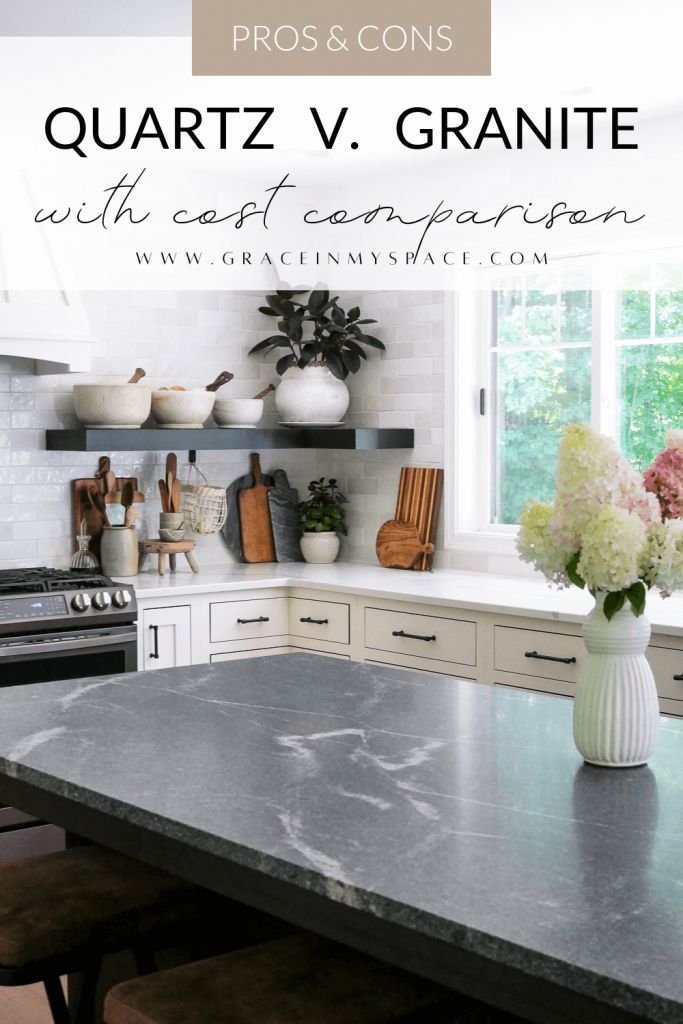 a kitchen counter top with flowers in a vase on it and the words pros & cons quartz v granite