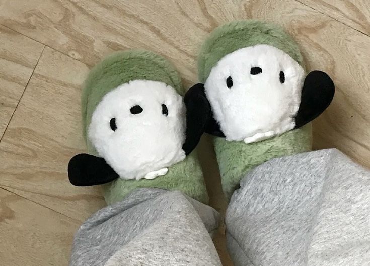 someone is wearing slippers that look like they have eyes and noses on their feet