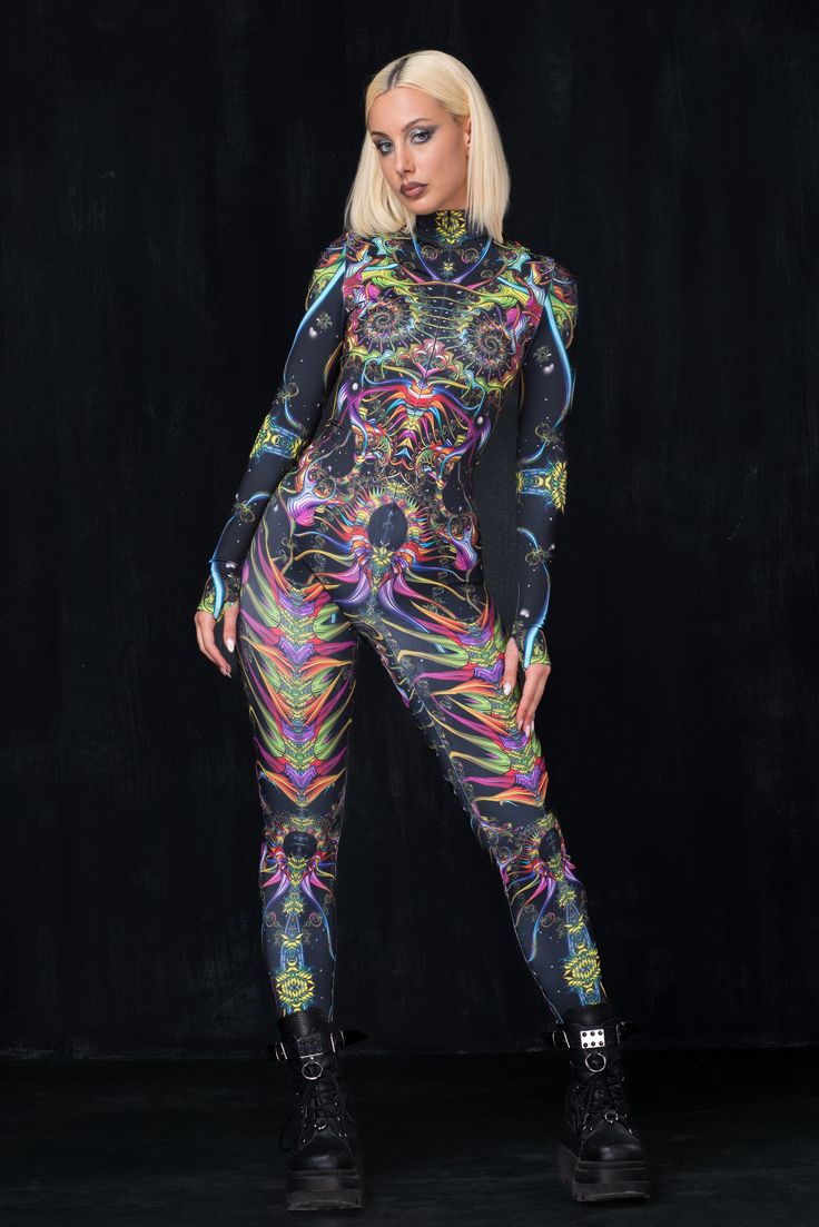 Rave and Festival Outfit Badinka. Form-fitting fest and rave bodysuit with unique designer print and vivid colors that do not fade away with washing. High quality stretchy and sturdy elastic material that makes you feel comfortable and sexy. 

 
 Mock Neckline 
 Robust and Hidden Front Zipper Closure 
 Long Sleeves 
 UV Black Light Reactive 
 82% Polyester 18% Elastane 
 Non-Transparent Italian Lycra 
 30° Cold Wash, Hang dry 
 

 Sexy rave bodysuit, burning man clothing women, festival clothing Fitted Rave Bodysuit For Costume Party, Fitted Rave Unitard For Festivals, Fitted Rave Unitard For Costume Party, Rave Style Stretch Unitard For Costume Party, Rave Style Stretch Unitard For Festivals, Stretch Rave Unitard For Costume Party, Rave Unitard With Stretch For Festivals, Rave Unitard With Stretch Fit For Festivals, Rave Stretch Unitard For Festivals