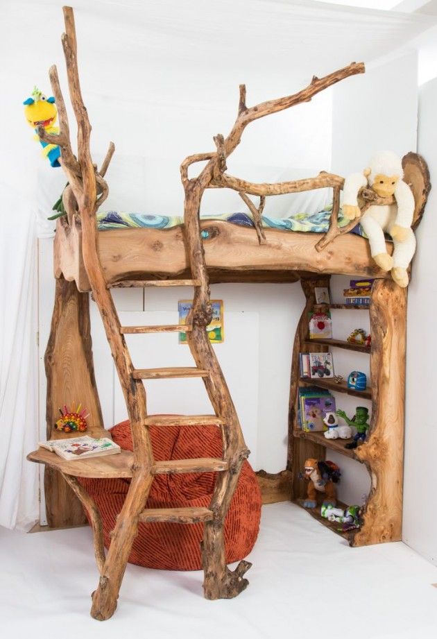 there is a wooden bunk bed with a ladder to the top and shelves below it