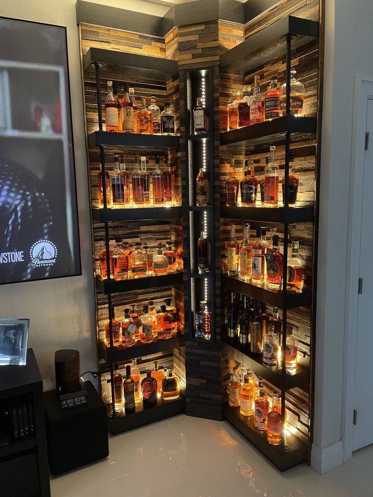 a room with shelves filled with bottles and jars