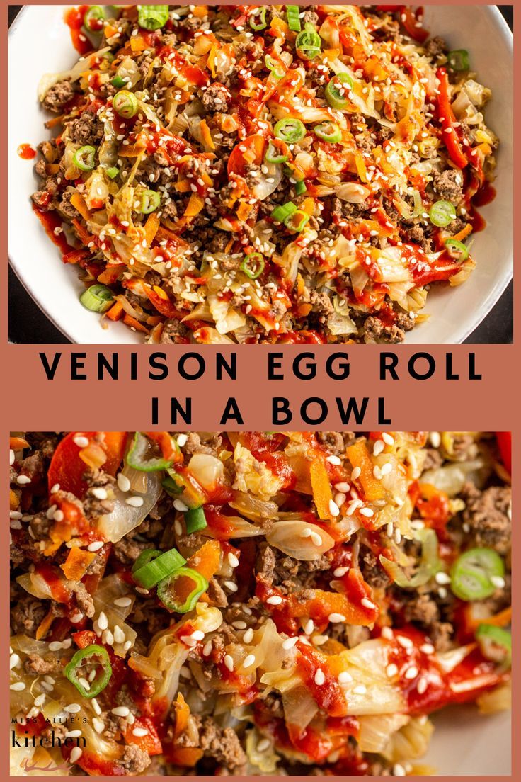 Top- venison egg roll in a bowl topped with sesame seeds, green onions and sriracha 
Bottom- close up of venison egg roll in a bowl topped with sesame seeds, green onions, and sriracha Ground Elk Recipes, Beef Jerky Recipe Dehydrator, Ground Venison Recipes, Elk Recipes, Deer Recipes, Ground Venison, Egg Roll In A Bowl, Beef Jerky Recipes, Deer Meat Recipes