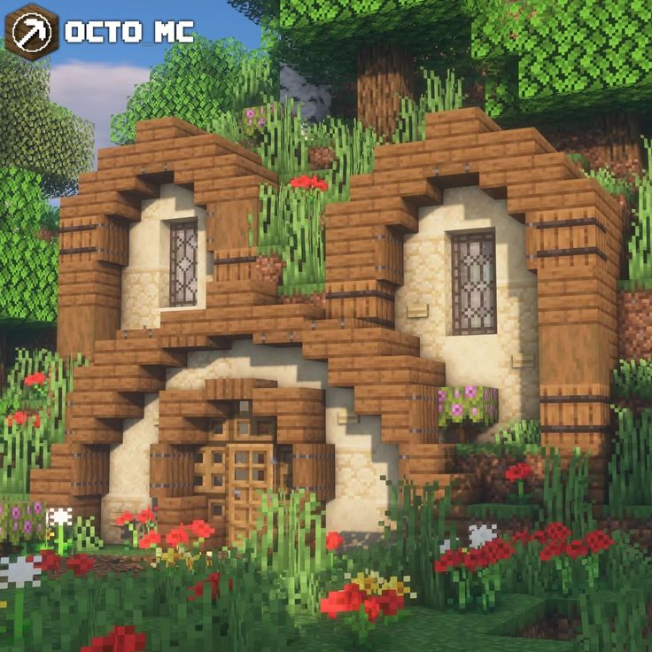 a small house made out of bricks in the middle of some plants and flowers,