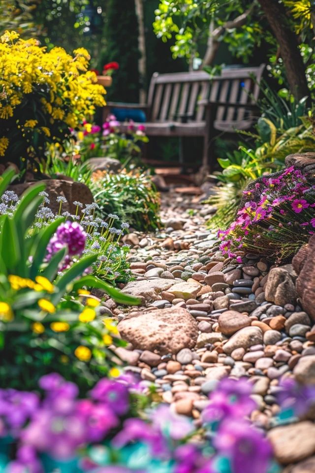 a bench sitting in the middle of a garden filled with lots of flowers and rocks