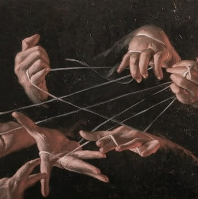 the painting shows hands holding strings and pulling them apart from each other with their fingertipss