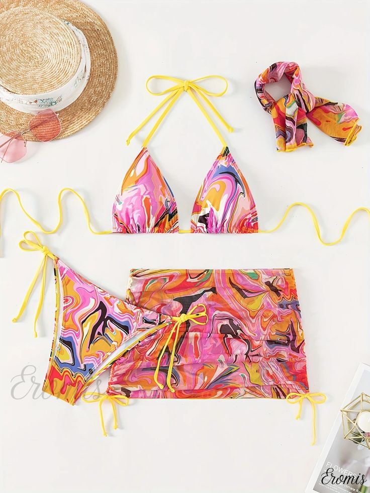 Eromis - Womens Halter Tie Swimsuit Set with Swirl Print Bikini, Bow Side Wrap Skirt, and Head Scarf - Stretchy 3-Piece Ensemble for Swimwear & Fashionable Clothing Tie Swimsuit, Swimsuit Set, Wrap Skirt, Head Scarf, 3 Piece, Swirl, Collar Styles, Lace Up, Fashion Outfits