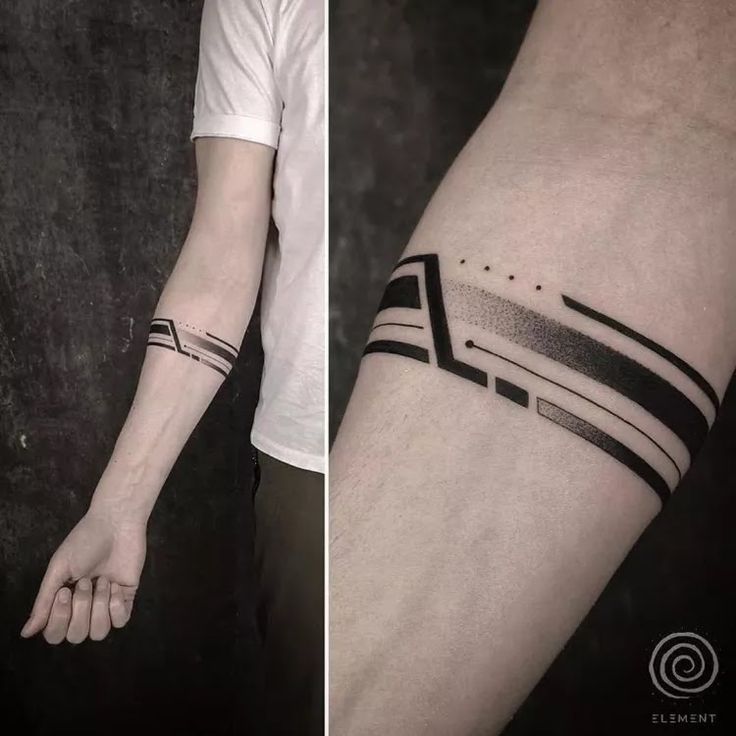 two pictures show the same armbands and one has a black and white tattoo on it