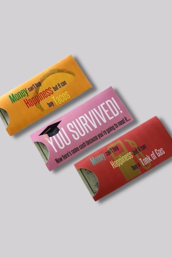 three candy bar wrappers with graduation caps on them and the words you survived printed on them