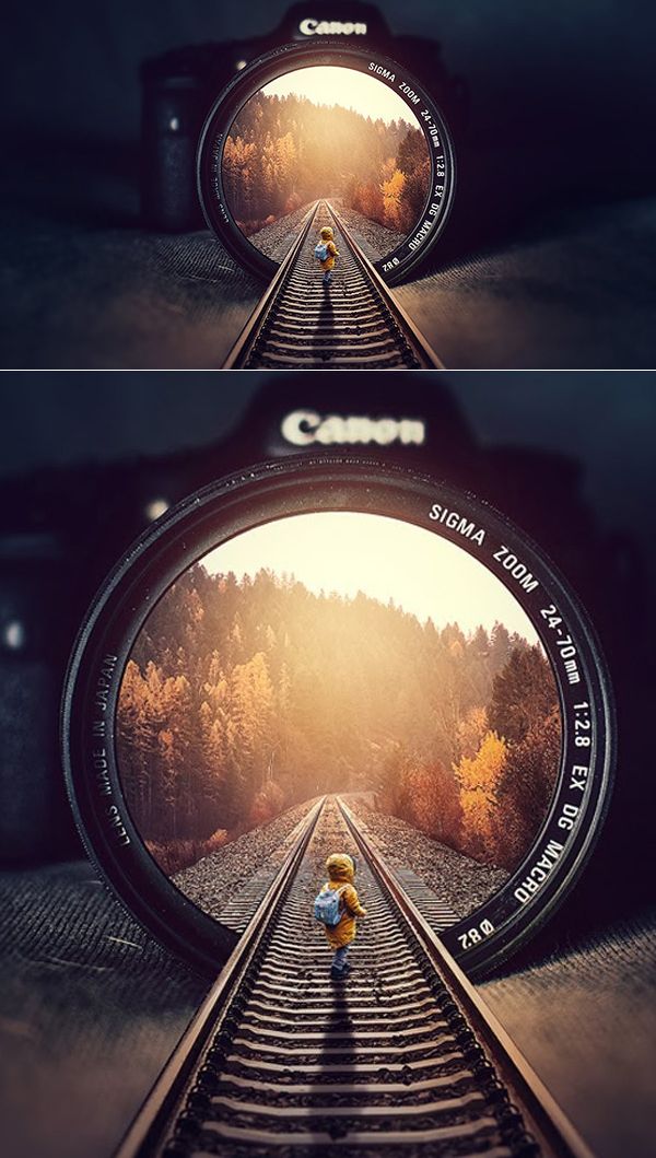 two different views of a person walking on train tracks with the camera in front of them