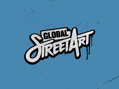 the words global street art are painted in white on a blue background with dripping paint